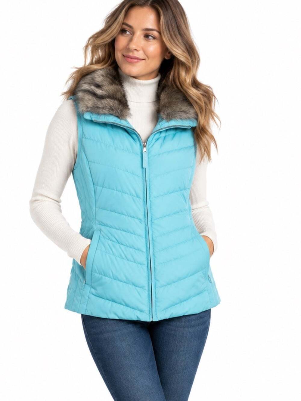 Talbots Aqua Down Puffer Vest M Faux Fur Collar Quilted Coastal Preppy Winter